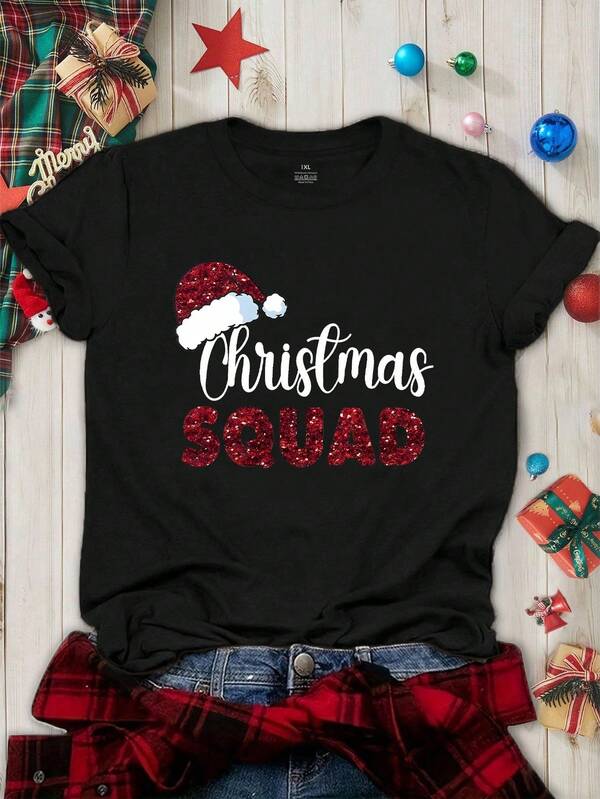 EMERY ROSE Plus Size Women's Christmas T-Shirt, 'Christmas SQUAD' Graphic Tee, Cute Christmas Casual T-Shirt Round Neck Short Sleeved Top