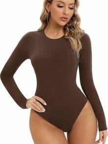 INAWLY 女士休闲日常纯色圆领长袖修身紧身衣，春秋季 - 棕色 - 查看 3