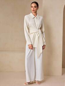 Graceveil Áo sơ mi nữ thắt eo ruy băng màu trắng kem, thích hợp cho lễ tốt nghiệp, mùa thu - Màu be - Xem 5