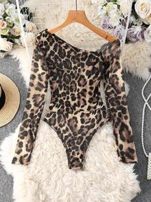 Franclia 女士时尚豹纹网眼透视肩长袖紧身衣 - 棕色 - 查看 2