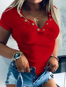 INAWLY Sexy Figure Hugging Collar Metal Buckle Ribbed Casual Short Sleeve T-Shirt - Red - View 3