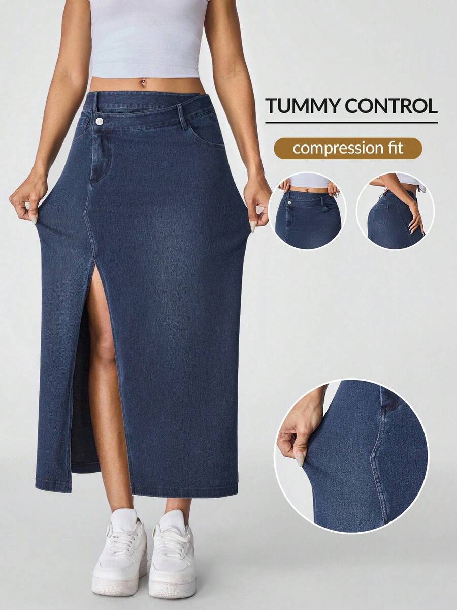 Flexra 女式不对称腰部开衩直筒休闲牛仔裙 - 藍色 - 查看 1