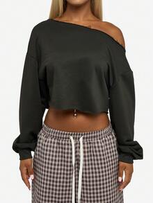 SUMWON WOMEN 休闲露肩短款运动衫长款灯笼袖毛边冬季秋季假日时尚套头衫基本款日常必备 - 黑色 - 查看 6