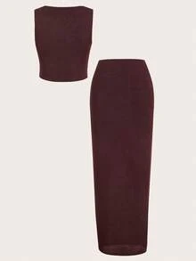 SHEIN Tall 女士纯色针织无袖背心+长裙，夏季休闲装 - 咖啡棕 - 查看 2