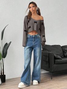 EURMUSE Women's Autumn Dropped Shoulder Long Sleeve V-Neck Loose Casual 3D Bow Knitted Sweater - Mocha Brown - View 3