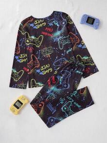 SHEIN 2 件套男童游戏玩家印花长袖睡衣套装，儿童休闲服