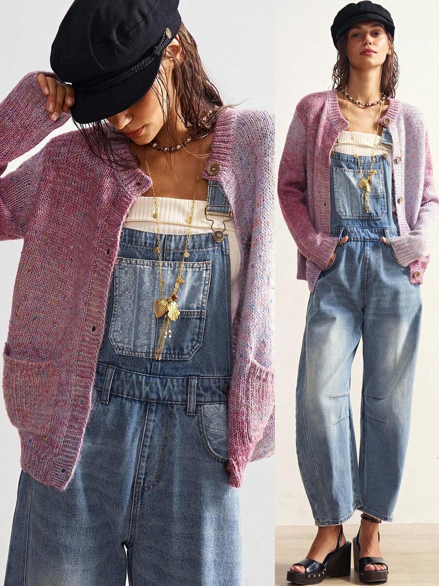 Bohemela Kardigan z dzianiny jednorzędowej w stylu boho, z długim rękawem i farbowanymi kropkami, w stylu vintage, na koncert w stylu western country, na powrót do szkoły, odpowiedni na jesień/zimę, w kolorze różowym - Wielokolorowe - Zobacz 1