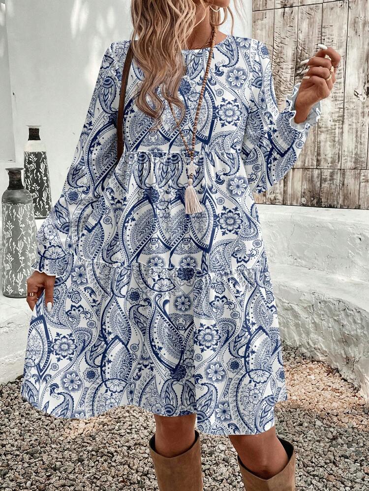 Women Multicolor Fabric Long Sleeve Knee Length Midi Dress With Paisley Print For Casual Wear