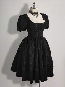 SHEIN ICON Plus Size Vintage Y2K Floral Jacquard Puff Sleeve Ruffle Hem Midi Dress - Black - View 3
