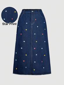 SHEIN MOD Plus Size Women Casual Star Print Frayed Hem Denim Skirt, Fall