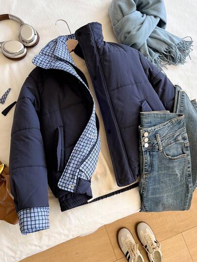 少女纯色拼布格子厚腰抽绳拉链耐穿时尚街头户外日常穿着冬季自然长袖保暖Y2K酷夹克