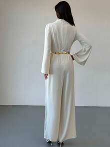 Aloruh 全新百搭杏色秋冬打底连体裤，简约时尚日常穿着，褶饰，收腰，阔腿，超长喇叭袖 - 杏色 - 查看 2