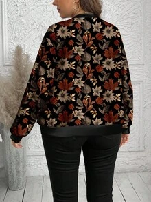 EMERY ROSE 休闲复古枫叶印花加大码女式夹克，适合秋冬季女士花卉夹克女士飞行员夹克秋季飞行员夹克花卉飞行员夹克女士秋季夹克 - 彩色 - 查看 6