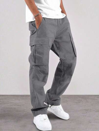 Manfinity Homme Pantalones casuales de unicolor con bolsillo para hombre, otoño