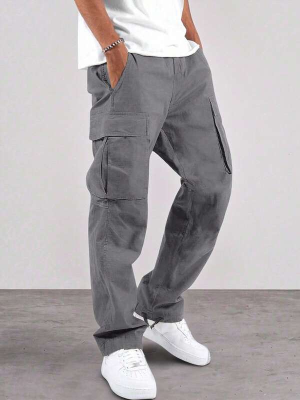 Manfinity Homme Pantalones casuales de unicolor con bolsillo para hombre, otoño