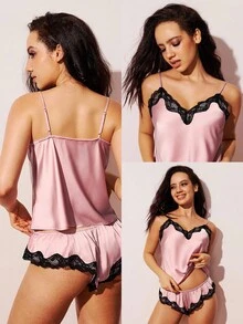 LUVLETTE 女士性感丝滑缎面奢华蕾丝边V领吊带背心和短裤透气家居服睡衣套装，情人节内衣睡衣 - 藕粉色 - 查看 2