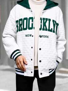 SHEIN 1 Piece Tween Boy White Casual Autumn School Back-To-School Textured Fabric Contrast Color Hooded Baseball Jacket For Birthday Parties,Sports & Daily - White - View 4