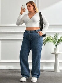 SHEIN Cottnline Plus Size Casual Washed High Waist Straight Leg Jeans - Medium Wash - View 5