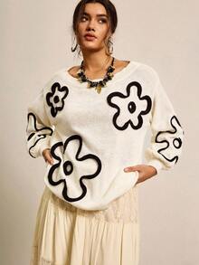 SHEIN LUNE Plus Size Women Floral Pattern Round Neck Drop Shoulder Long Sleeve Casual Loose Sweater Autumn Thickened For Warmth Sweater - Beige - View 12