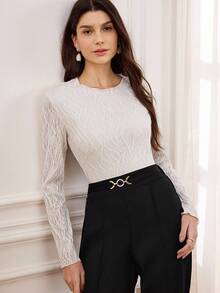 Miaspire 女士圆领长袖时尚打底 T 恤，优雅时尚的外套，白色纹理面料女式上衣，秋季 - 白色 - 查看 1