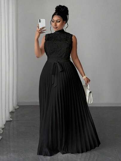 Maweii Plus Size Women Contrast Lace Pleated Hem Sleeveless Elegant Waist Dress