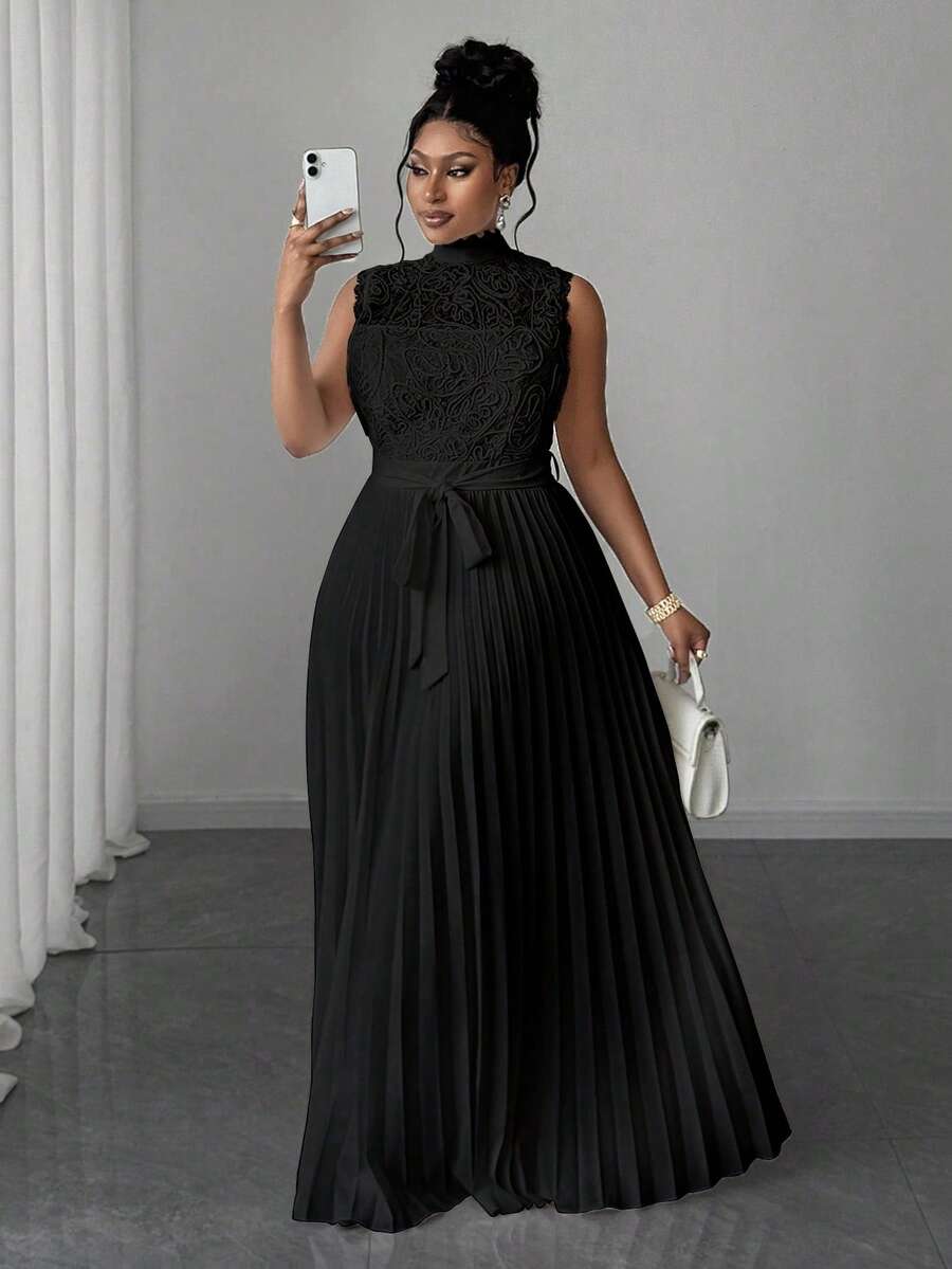 Maweii 大码女式撞色蕾丝褶边无袖优雅腰连衣裙 - 黑色 - 查看 1