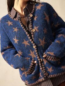 Bohemela Casaco Boho de Outono/Inverno, Casaco de Malha Felpudo Vintage Solto de Manga Longa Aberto com Bolsos Duplos Versátil, Estilo Country Ocidental, Adequado para Férias, Uso Diário e Volta às Aulas, Halloween, Outono - Azul - Visão 6