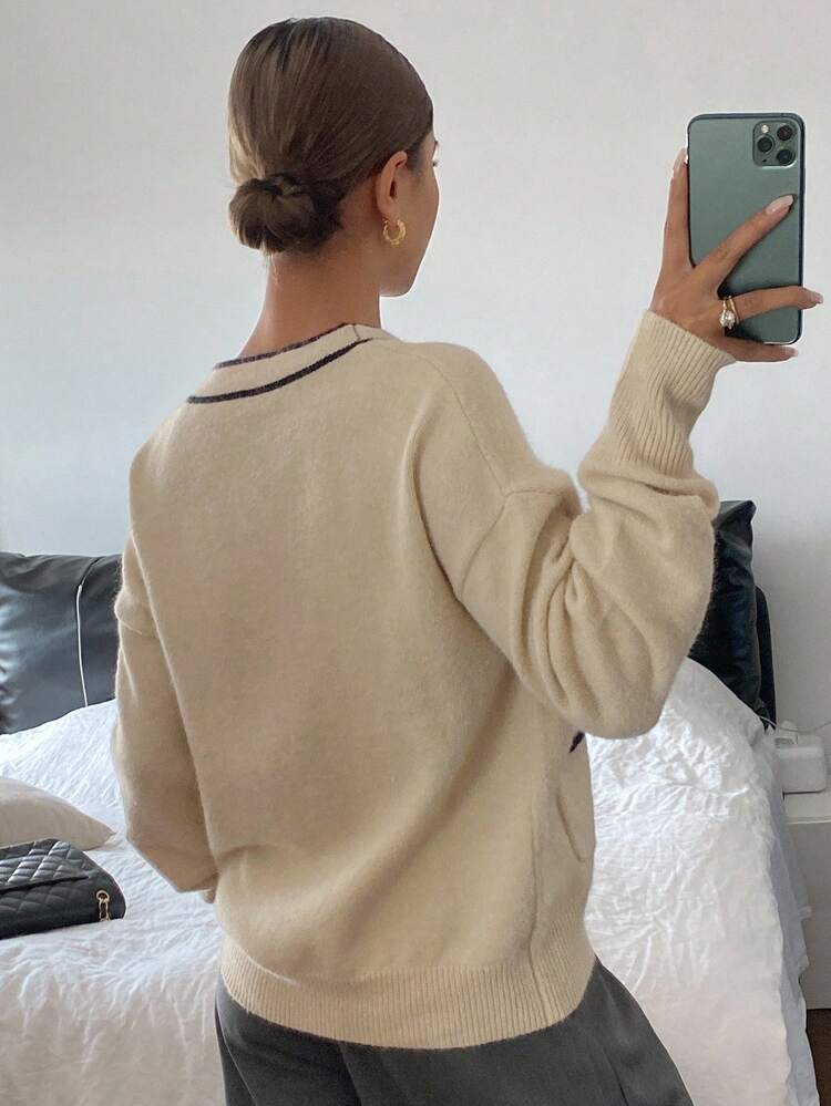 Contrast Stripe Loose V-Neck Long Sleeve Pocket Casual Street Knit Cardigan For Women, Autumn/Winter