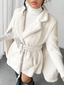 Elenzga 永不过时的古怪优雅系列（忧郁气质）（周三美学）大码女装冬季奢华精致优雅时尚设计感贵族派对金属流苏袖口开衩秋冬带腰带人造毛领外套，圣诞女装 - 白色 - 查看 2