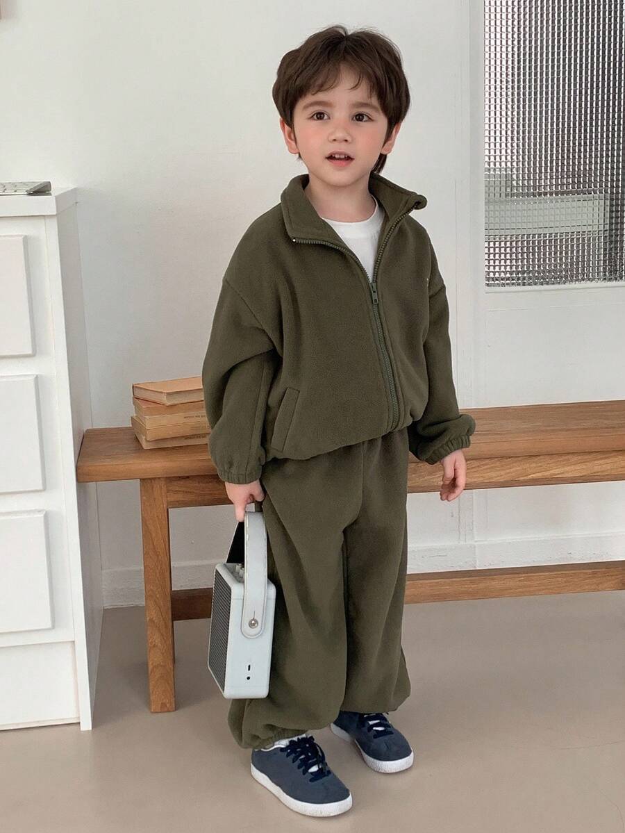DAZY 男童休闲宽松夹克套装，图案刺绣设计，秋季 - 軍綠色 - 查看 1