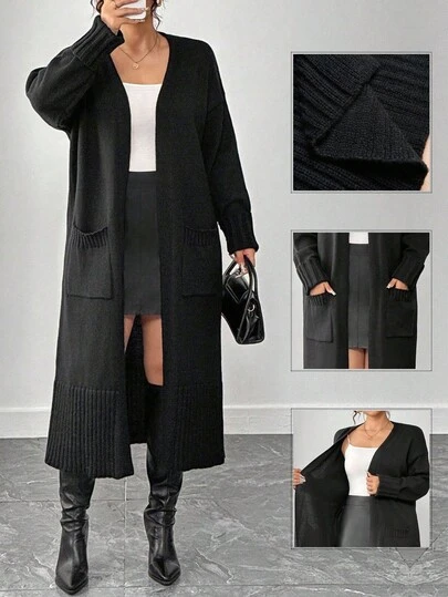 Elenzga Halloween Plus Size Thick Knit Loose Cardigan With Large Pockets, Mid-Length, Solid Color, Winter Fall Cloth For Women Autumn