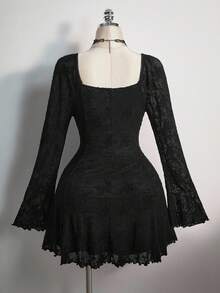 SHEIN ICON Váy cổ tim tay kèn dệt kim Jacquard cổ điển Y2k cỡ lớn dành cho nữ, thích hợp cho hẹn hò, đi chơi, ngày lễ tình nhân, váy suông, trang phục đi nghỉ theo phong cách Bohemian - màu đen - Xem 2