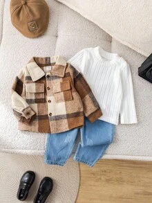 SHEIN 3件套男女通用婴儿格子衬衫、外套、牛仔裤三件套，秋冬季婴儿服装 - 彩色 - 查看 2