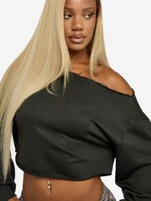 SUMWON WOMEN 休闲露肩短款运动衫长款灯笼袖毛边冬季秋季假日时尚套头衫基本款日常必备 - 黑色 - 查看 4