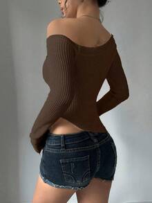 Flirla Áo len dệt kim bó sát hở vai gợi cảm cho nữ, mặc thường ngày, áo dài tay - Màu nâu Sô-cô-la - Xem 2