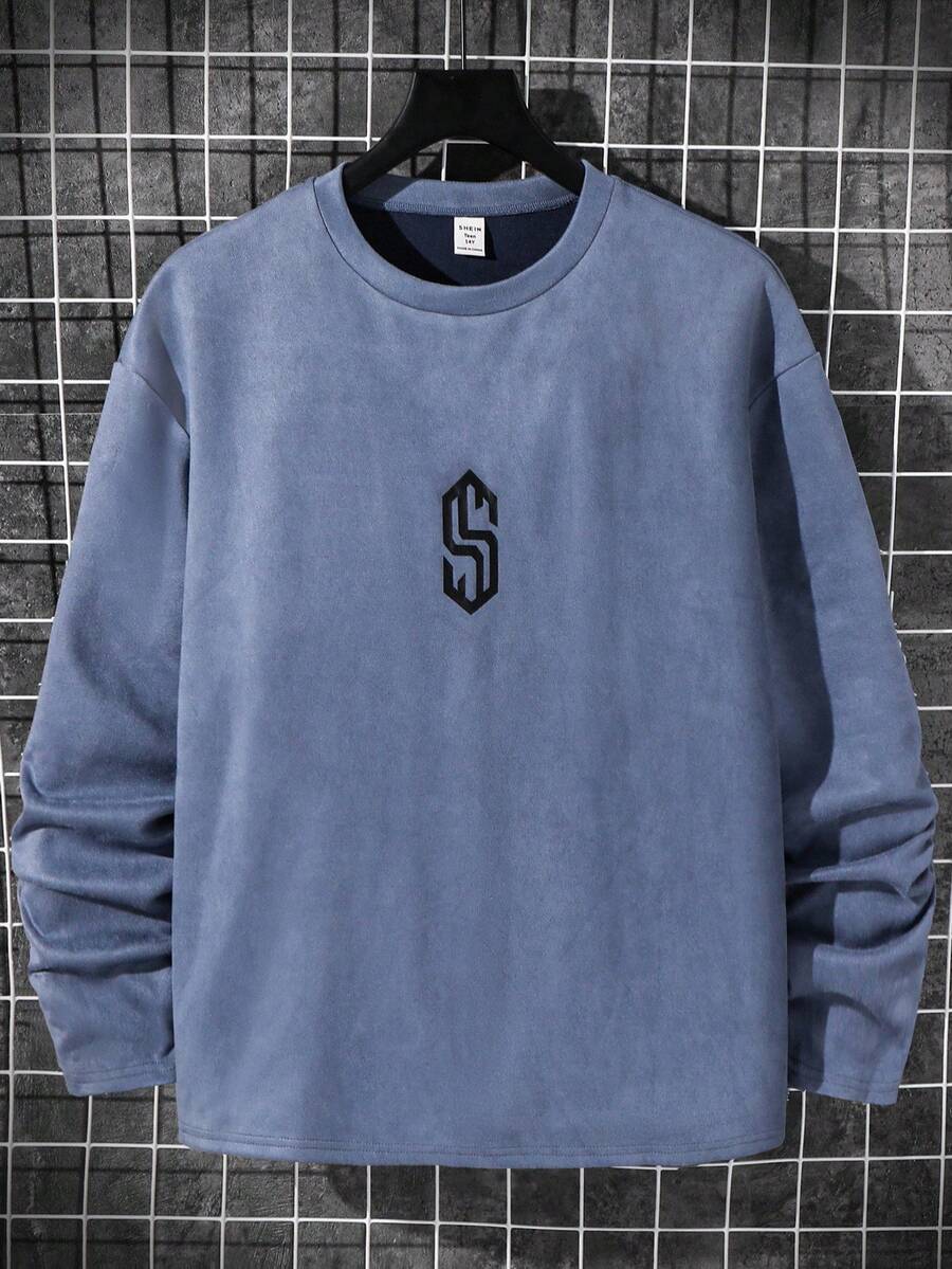 SHEIN Teen Boys' Baby Blue Long Sleeve Crew Neck Top,Street Life Casual Graphic Street Fashion,Autumn Graduation Loose Comfortable Graphic Print Decor - Blue - View 1