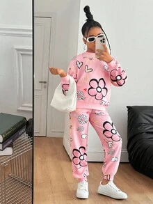 SHEIN 2件套青少年女孩休闲宽松花卉印花圆领运动衫和裤子套装 - 淺粉色 - 查看 5