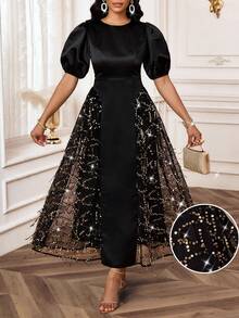 SHEIN Lady فستان أنيق للنساء بأكمام طويلة مصنوع من التول والترتر