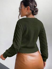 Almamuse Women's Casual Twist Cable Pattern Long Sleeve Knitted Cardigan, Autumn - Army Green - View 2