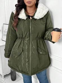 SHEIN CURVE+ 仿皮草连帽派克大衣，舒适修身，大码大码夹克，大码冬装，大码夹克，大码连帽夹克，大码派克大衣，秋季/秋冬 - 綠色 - 查看 6
