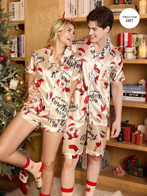 CoupledUp Christmas Santa Claus Print Faux Silk Lapel Short Sleeve Shorts Pajama Set For Men