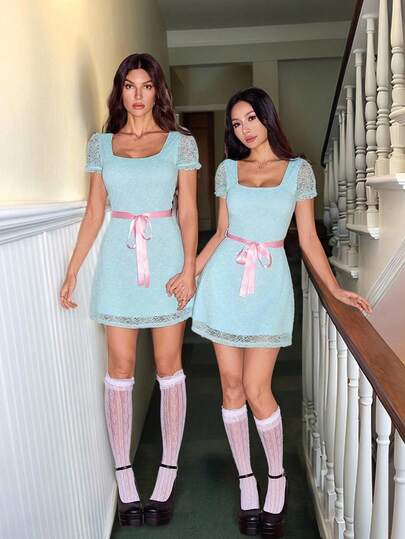 SHEIN Tall Women's Square Neck Short Sleeve Waist Tie Lace Elegant Blue Lace Mini Dress Babydoll Dress, Halloween Clothes,Halloween Costumes Halloween Creepy Grady Twins Costume