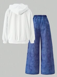 Sparklyn Bộ 2 áo hoodie oversized cho bé gái tuổi teen in hình ngôi sao & quần ống rộng cạp chun, phong cách đường phố - Màu xanh lam - Xem 7