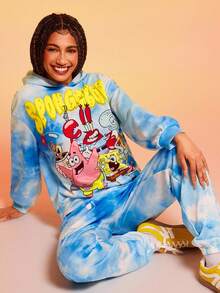 SpongeBob SquarePants | SHEIN 2件套女士休闲扎染卡通图案连帽衫和裤子套装，秋季 - 藍色 - 查看 5