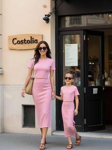 SHEIN 2 件套女孩/青少年条纹针织短款上衣和长裙，休闲日常装