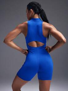 Powerista Bộ đồ liền thân thể thao mùa hè không tay màu trơn cổ đứng dành cho nữ - Màu xanh lam - Xem 3