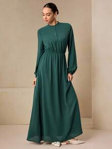 Graceveil Robe de soirée longue élégante et décontractée avec col montant, manches longues, boutons et taille élastique, coupe évasée, style automnal vert