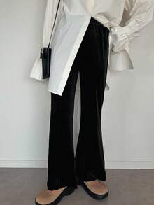 FRIFUL Women's Black Solid Color Elastic Waist Velvet Flare Leg Pants With Frill Trim Decoration, Autumn Ladies - Black - View 7