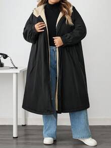 SHEIN CURVE+ Women's Plus Size Casual Loose Hooded Fleece Jacket, Autumn/Winter - Black - View 4