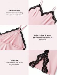 LUVLETTE Sexy Silky Satin Luxurious Lace Trim V-Neck Strappy Camisole Loungewear Slip Dress Airy Nightdress Lingerie Bridal Intimates& Pyjamadressing